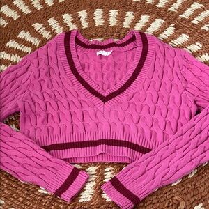 Good American Magenta Cable Knit V-Neck Sweater